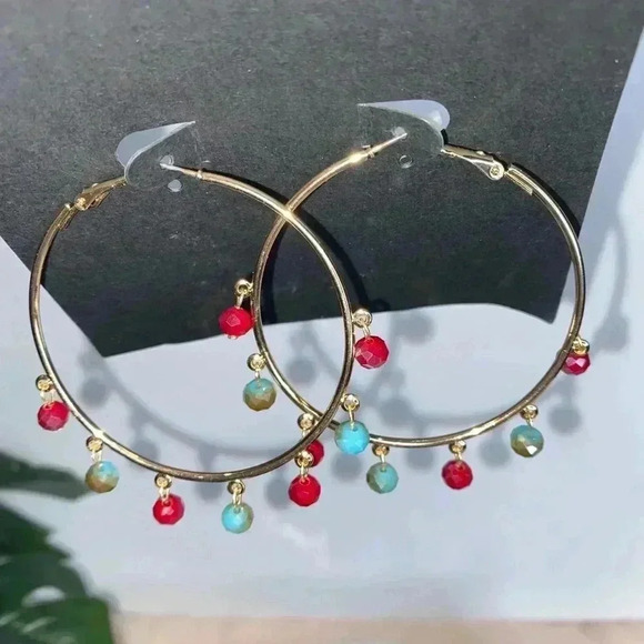 Lulus gold tone hoops with multi colored accents - Picture 3 of 5
